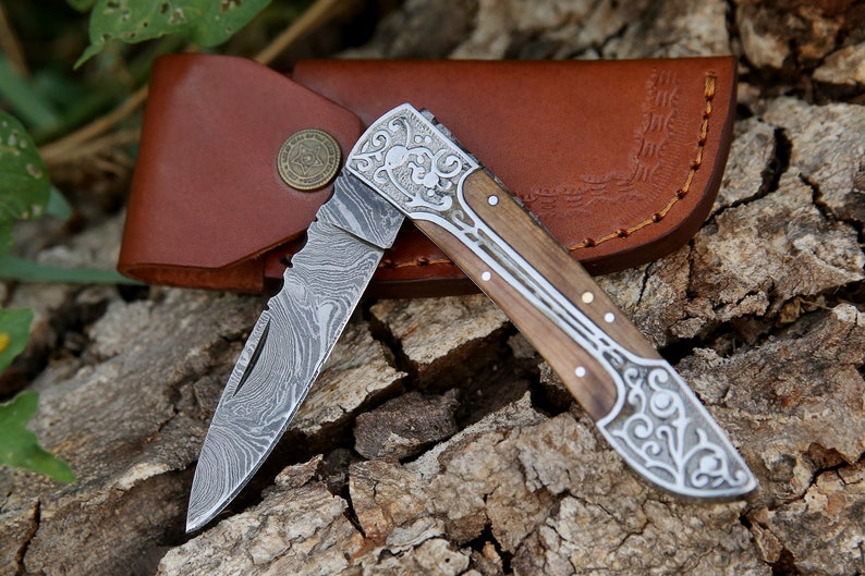 Damascus Folding Knife with Leather cover | Best Camping Knife