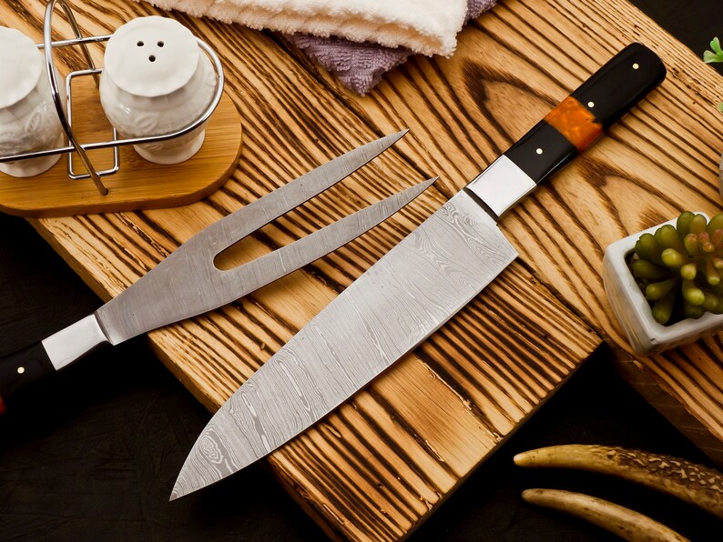 Handmade Damascus Steel Carving Knife Fork Set | best kitchen knives