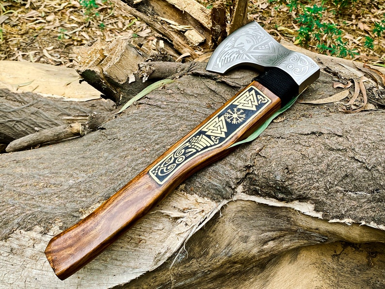 Engraved corban steel Axe with leather cover | Best camping Axe