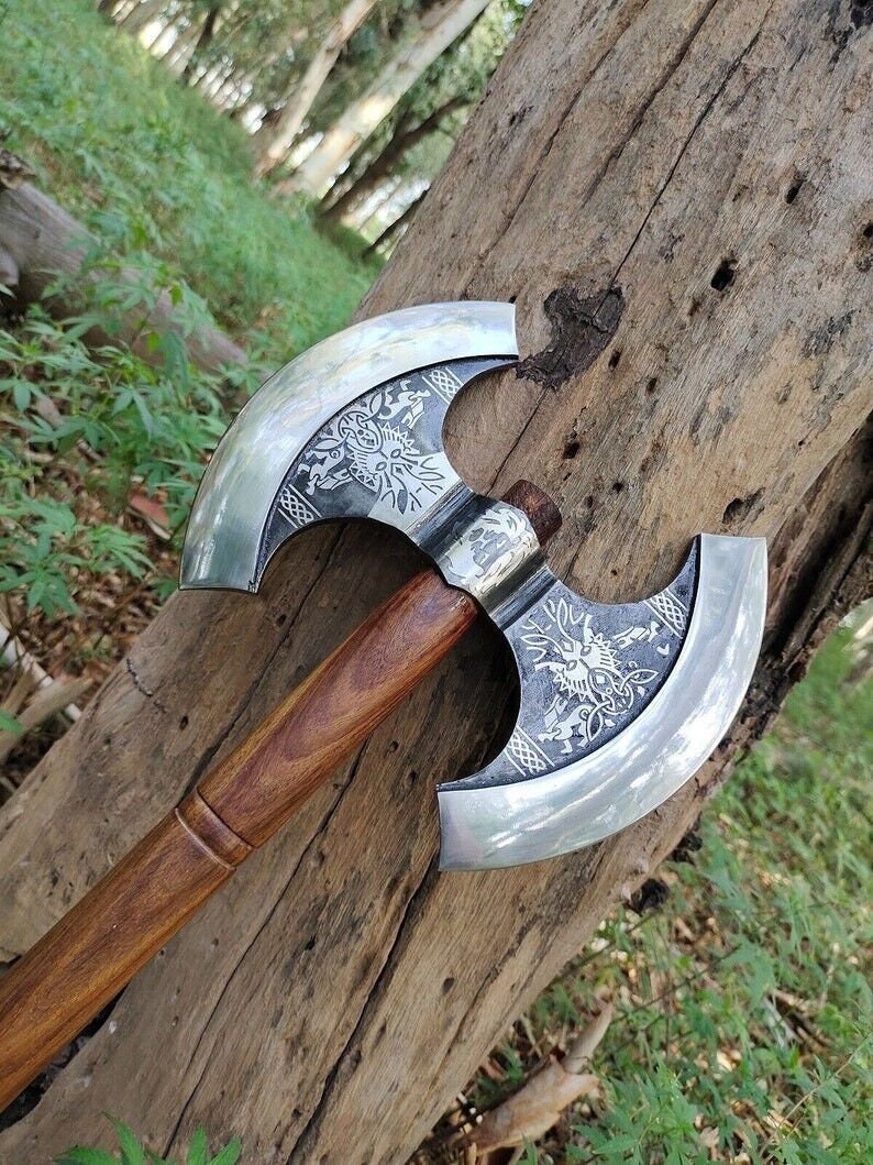Engraved Steel Double headed Axe with leather cover | Best hunting Axe