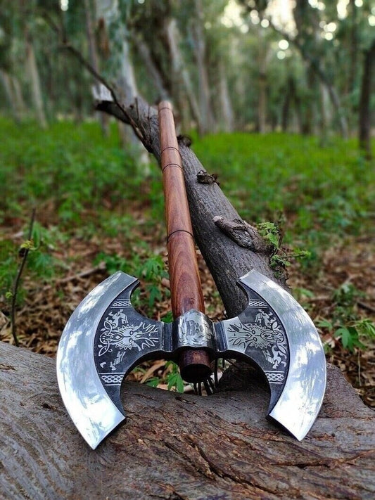 Engraved Steel Double headed Axe with leather cover | Best hunting Axe